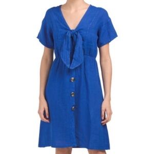 Marina Gigli royal blue Tie-front Linen Dress midi summer vacation travel size M